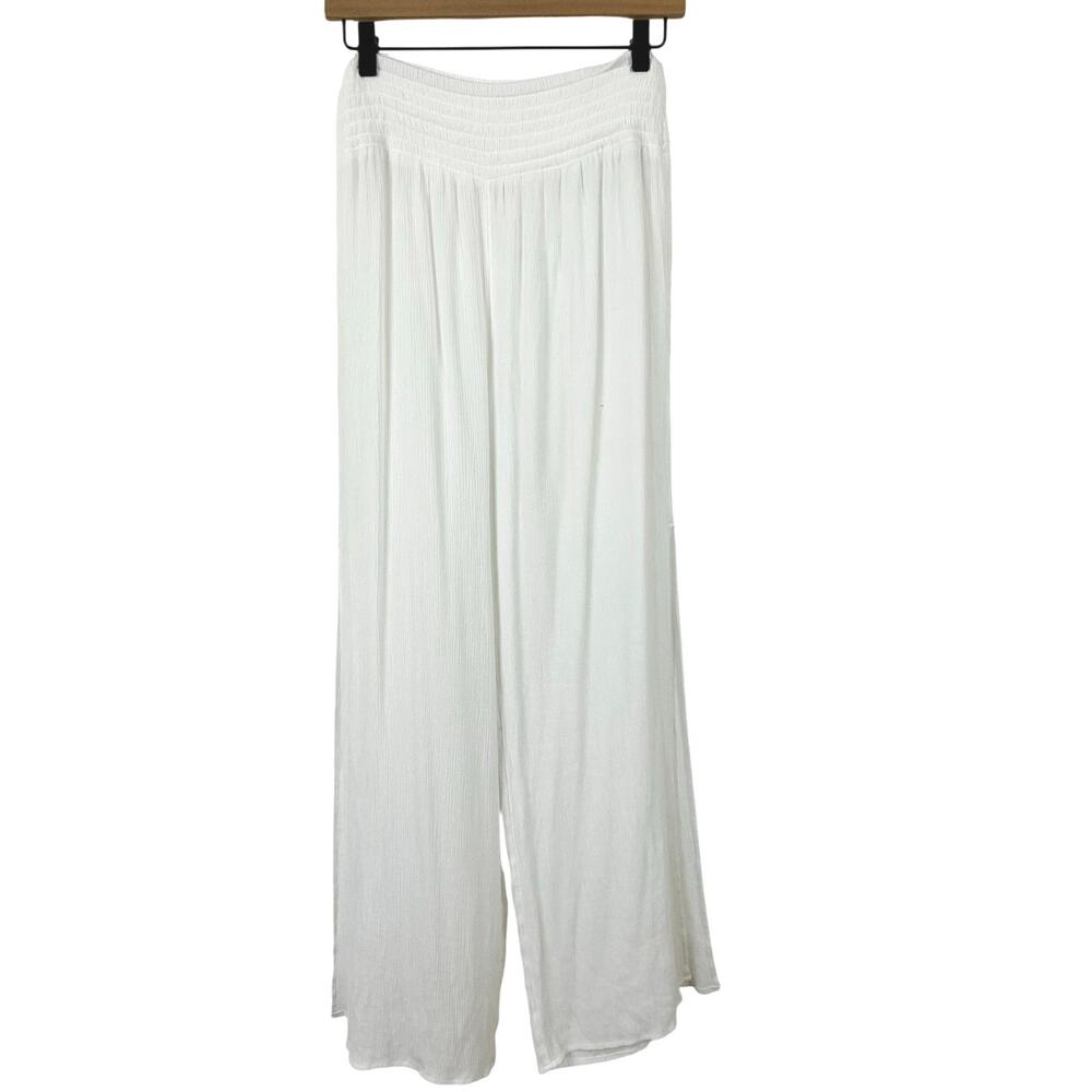 Shade & Shore White Crinkle Wide Leg Pants M Semi Sheer Beach Cover Up
